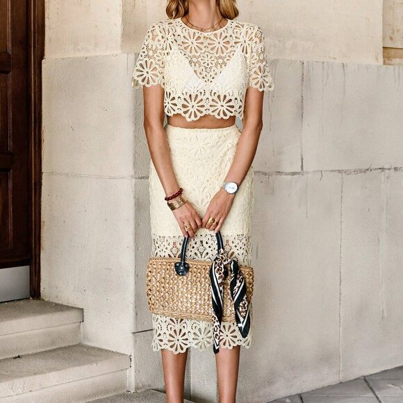 Khaki Elegant Women's Hollow Out Knitted Two-Piece Set - Picture 8 of 8